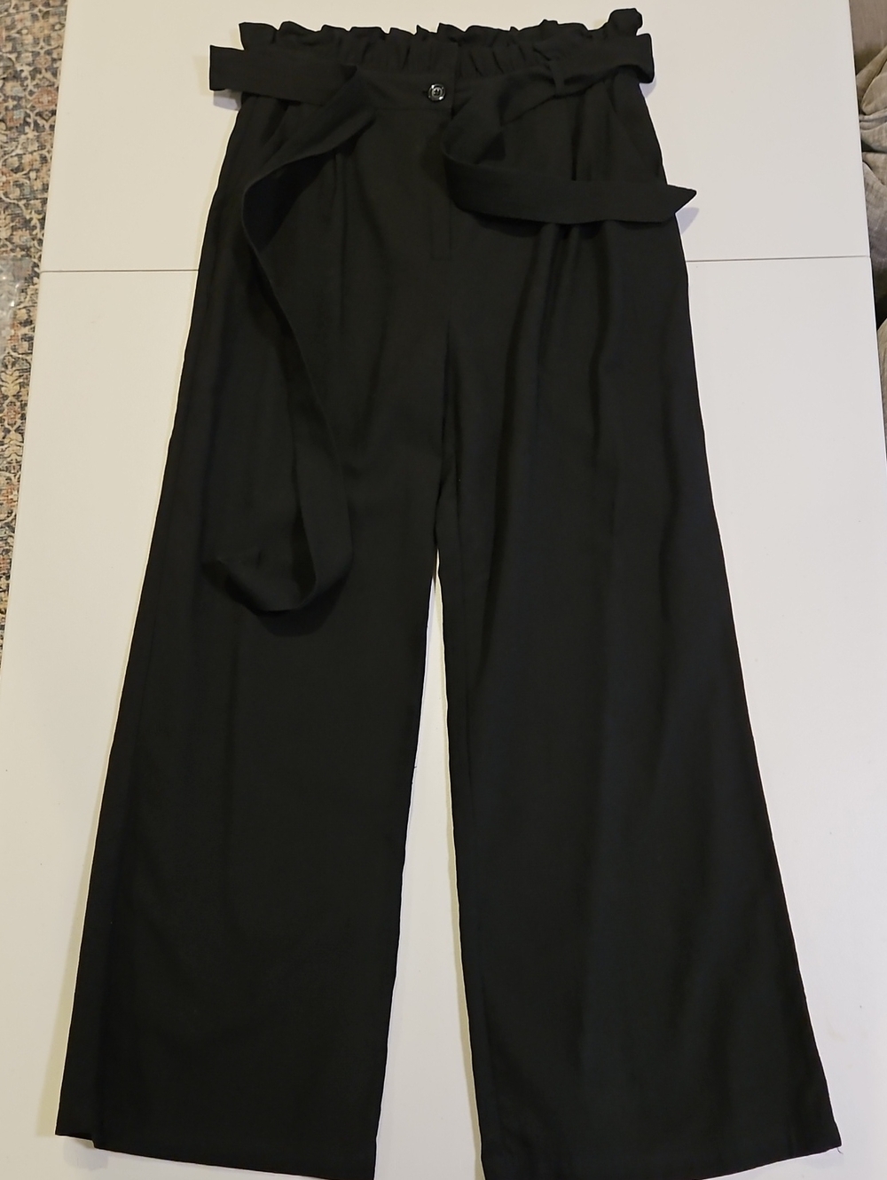 Black Cotton Paperbag-Waist Wide Leg Trousers 0287